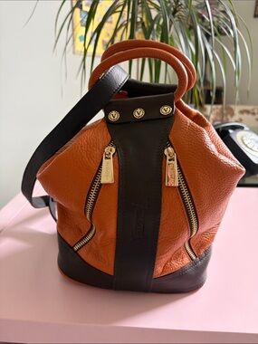Valentina Orange and Black Leather Mini Bucket Bag